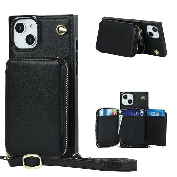 Allytech RFID Blocking Wallet Case for iPhone 14 2022, PU Leather Zipper Purse with Crossbody Strap Handbag Case with Credit Card Slots for iPhone 14 6.1 inch 5G, Black