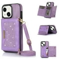 thumbnail image 1 of Allytech RFID Blocking Wallet Case for iPhone 14 Max 6.7" 5G 2022, Bling PU Leather Flip Folio Stand Card Slots Magnetic Snap Detachable Shoulder Strap Case for iPhone 14 Max, Purple, 1 of 10