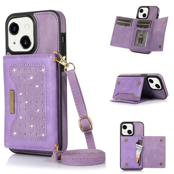 Allytech RFID Blocking Wallet Case for iPhone 14 Max 6.7" 5G 2022, Bling PU Leather Flip Folio Stand Card Slots Magnetic Snap Detachable Shoulder Strap Case for iPhone 14 Max, Purple