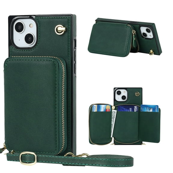 Allytech RFID Blocking Wallet Case for iPhone 14 Plus 2022, PU Leather Zipper Purse with Crossbody Strap Handbag Case with Credit Card Slots for iPhone 14 Plus 6.7 inch 5G, Darkgreen
