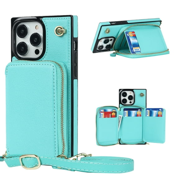 Allytech RFID Blocking Wallet Case for iPhone 14 Pro 2022, PU Leather Zipper Purse with Crossbody Strap Handbag Case with Credit Card Slots for iPhone 14 Pro 6.1 inch 5G, Green