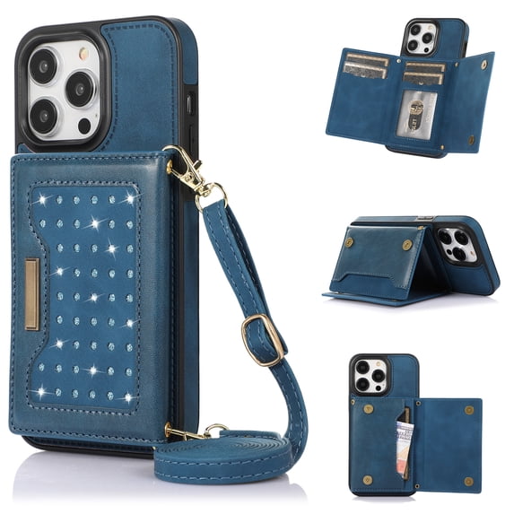 Allytech RFID Blocking Wallet Case for iPhone 14 Pro 6.1" 5G 2022, Bling PU Leather Flip Folio Stand Card Slots Magnetic Snap Detachable Shoulder Strap Case for iPhone 14 Pro, Blue