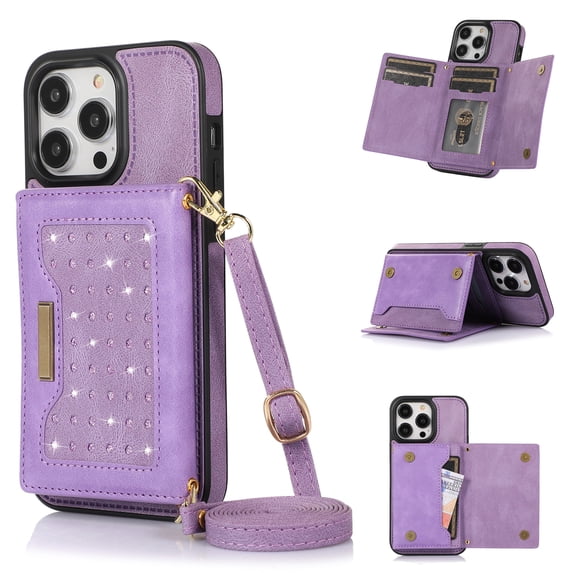 Allytech RFID Blocking Wallet Case for iPhone 14 Pro 6.1" 5G 2022, Bling PU Leather Flip Folio Stand Card Slots Magnetic Snap Detachable Shoulder Strap Case for iPhone 14 Pro, Purple