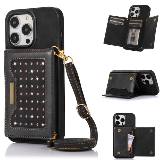 Allytech RFID Blocking Wallet Case for iPhone 14 Pro 6.1" 5G 2022, Bling PU Leather Flip Folio Stand Card Slots Magnetic Snap Detachable Shoulder Strap Case for iPhone 14 Pro, Black