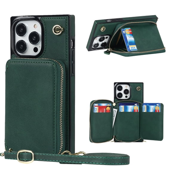 Allytech RFID Blocking Wallet Case for iPhone 14 Pro Max 2022, PU Leather Zipper Purse with Crossbody Strap Handbag Case with Credit Card Slots for iPhone 14 Pro Max 6.7 inch 5G, Darkgreen