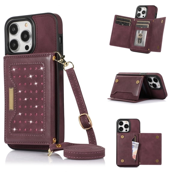 Allytech RFID Blocking Wallet Case for iPhone 14 Pro Max 6.7" 5G 2022, Bling PU Leather Flip Folio Stand Card Slots Magnetic Snap Detachable Shoulder Strap Case for iPhone 14 Pro Max, Winered