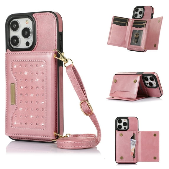 Allytech RFID Blocking Wallet Case for iPhone 14 Pro Max 6.7" 5G 2022, Bling PU Leather Flip Folio Stand Card Slots Magnetic Snap Detachable Shoulder Strap Case for iPhone 14 Pro Max, Pink