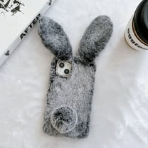 Allytech Rabbit Faux Furry Case Cover for Apple iPhone 14, Girly Fluffy Faux Fur Protective Anti-Scratch Bunny Case for Girls Women - Gray