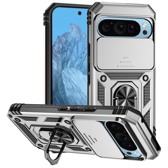 Allytech Rotatable Kickstand Holder Case for Google Pixel 9 - Military Grade Drop Protection - Slide Camera Cover - Heat Dissipation - Anti-Scratch Stand Case Support Magnetic Car Mount, Silver