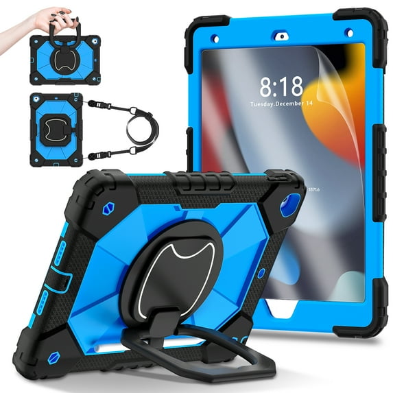 Allytech Rugged Case for Apple iPad 10.2" 9th 8th 7th Generation with Screen Protector Film, Rotating Stand Shockproof Shoulder Strap Back Cover Case for iPad 10.2" 2021/2020/2019, Black + Blue