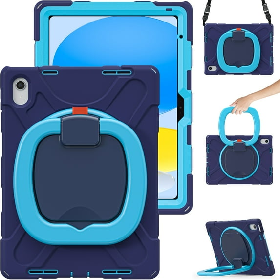 Allytech Rugged Case for Apple iPad 10th Gen 10.9" Model A2757 A2777 A2696, Hybrid 360 Rotating Stand Handle Shoulder Strap Kids Friendly Shockproof Case for Apple iPad 2022,Navy+Blue