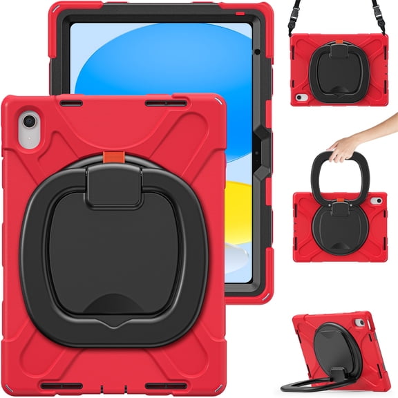 Allytech Rugged Case for Apple iPad 10th Gen 10.9" Model A2757 A2777 A2696, Hybrid 360 Rotating Stand Handle Shoulder Strap Kids Friendly Shockproof Case for Apple iPad 2022, Red