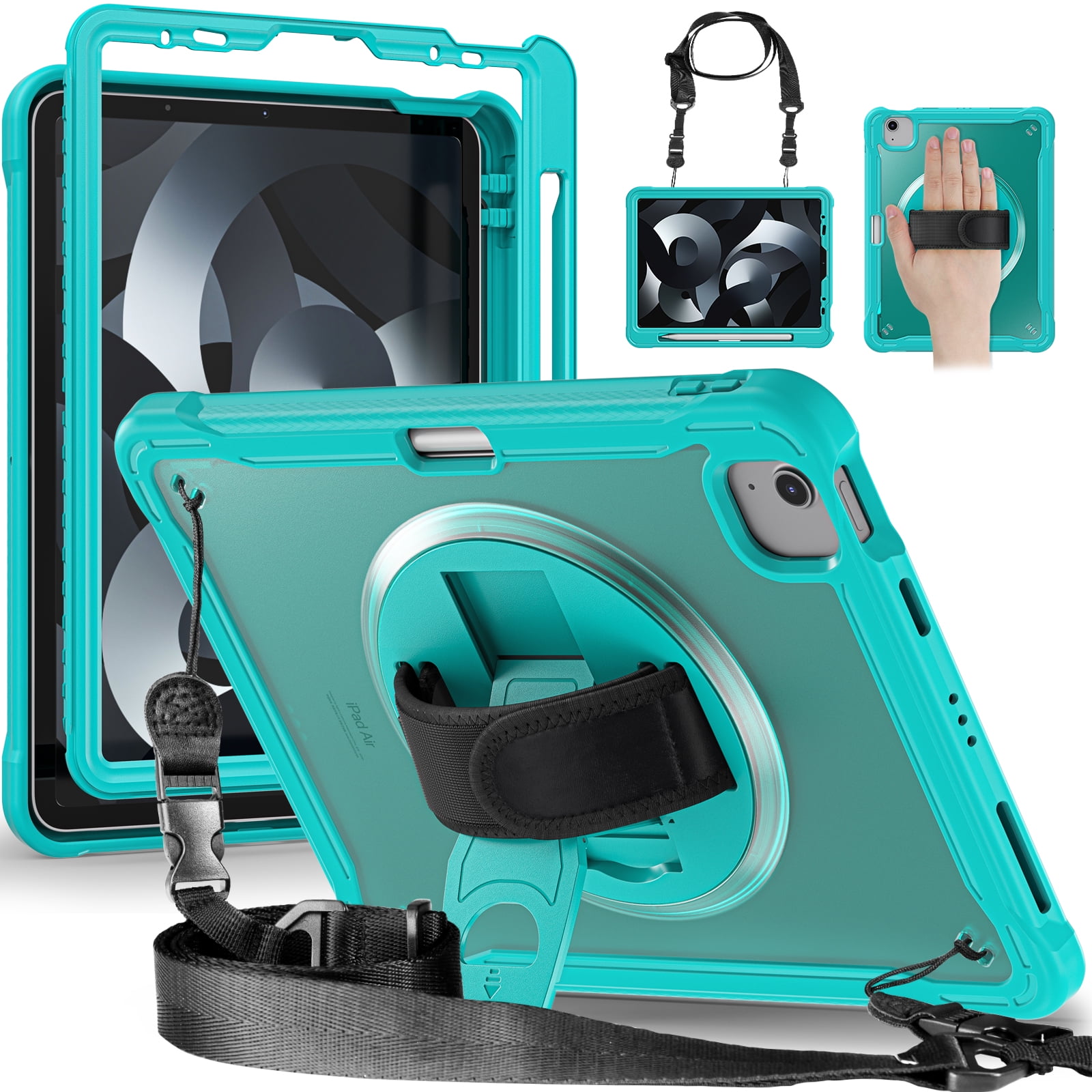 Allytech Rugged Case for Apple iPad Pro 11 2022/2021/2020/2018, iPad Air 4 5 Case, iPad Air 11" Case 2024, 360 Rotating Stand Clear Back Cover Shockproof Shoulder Strap with Pencil Holder, Blue