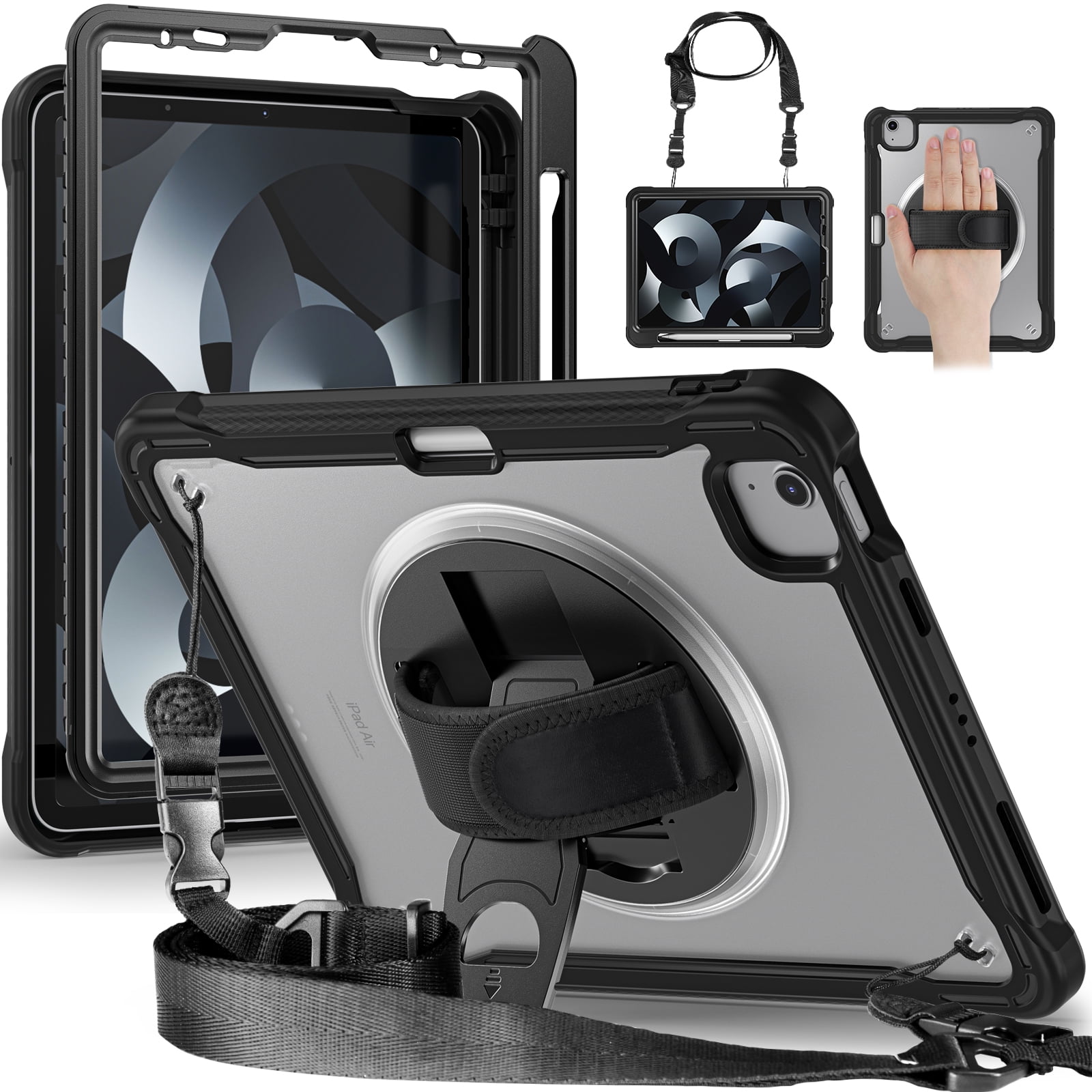 Allytech Rugged Case for Apple iPad Pro 11 2022/2021/2020/2018, iPad Air 4 5 Case, iPad Air 11" Case 2024, 360 Rotating Stand Clear Back Cover Shockproof Shoulder Strap with Pencil Holder, Black