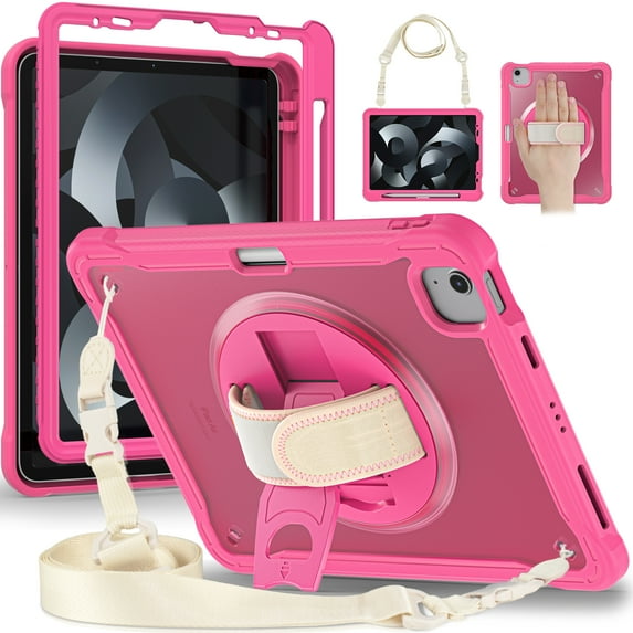 Allytech Rugged Case for Apple iPad Pro 11 2022/2021/2020/2018, iPad Air 4 5 Case, iPad Air 11" Case 2024, 360 Rotating Stand Clear Back Cover Shockproof Shoulder Strap with Pencil Holder, Rose