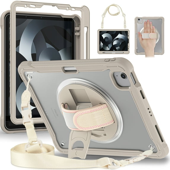 Allytech Rugged Case for Apple iPad Pro 11 2022/2021/2020/2018, iPad Air 4 5 Case, iPad Air 11" Case 2024, 360 Rotating Stand Clear Back Cover Shockproof Shoulder Strap with Pencil Holder, Khaki