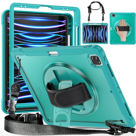 Allytech Rugged Case for Apple iPad Pro 12.9 2022/22021/2020/2018 6th/5th/4th/3rd Gen Kicktand Translucent Back Cover Shockproof Adjustable Shoulder Strap Kids Friendly with Pencil Holder-Blue