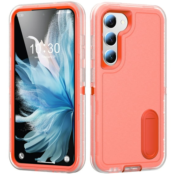 Allytech Rugged Case Compatible with Samsung Galaxy S23 with Hidden Kickstand, [Military Grade Drop Protection] Soft TPU Hard PC Bumper Non-Slip Shockproof Full Protective Case, Orange+Clear