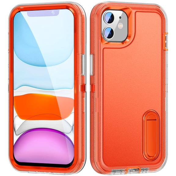 Allytech Rugged Case Compatible with iPhone 11 with Hidden Kickstand, [Military Grade Drop Protection] Soft TPU Hard PC Bumper Non-Slip Shockproof Full Protective Case, Orange+Clear