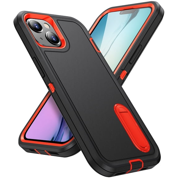 Allytech Rugged Case Compatible with iPhone 15 with Hidden Kickstand, [Military Grade Drop Protection] Soft TPU Hard PC Bumper Non-Slip Shockproof Full Protective Case, Black+Orange