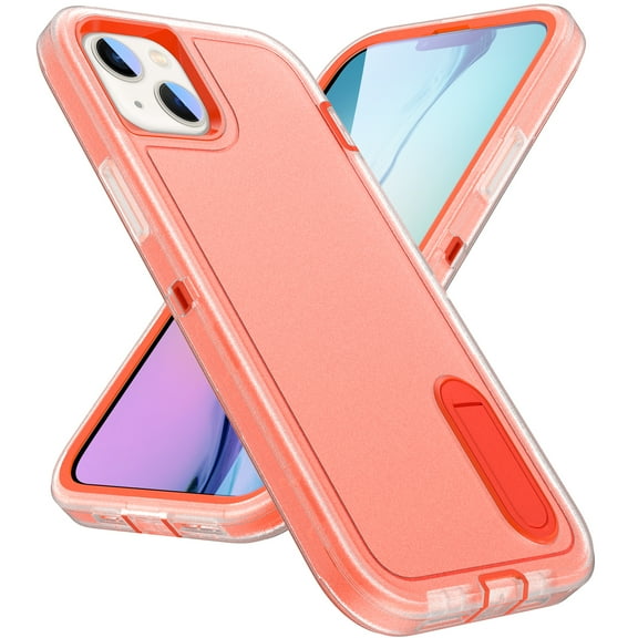 Allytech Rugged Case Compatible with iPhone 15 with Hidden Kickstand, [Military Grade Drop Protection] Soft TPU Hard PC Bumper Non-Slip Shockproof Full Protective Case, Orange+Clear