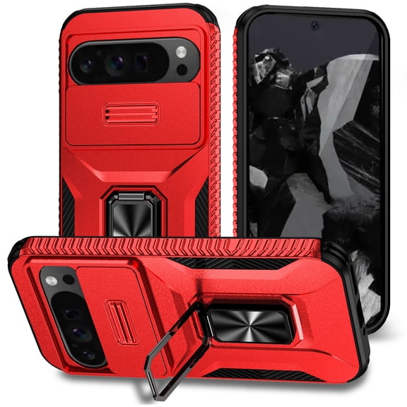 Allytech Rugged Case for Google Pixel 7 Pro, [Slide Camera Cover] [360° Rotating Kickstand] [Military Protection] [Magnetic Car Mount] Non-Slip Anti-Scratch Shockproof Heavy Duty Case - Red