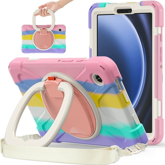 Allytech Rugged Case for Samsung Galaxy A9 8.7" SM-X110 X115, 360 Rotating Stand Heavy Duty Shockproof Hybrid PC TPU Protective Bumper Kids Friendly Case Cover with Shoulder Strap, Colorful Pink