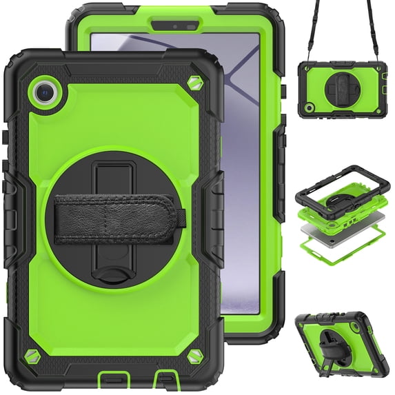 Allytech Rugged Case for Samsung Galaxy A9 8.7" SM-X110 X115 X116, Build in Screen Protector Hybrid Heavy Duty Shockproof Protective Rotating Stand Bumper Kids Friendly Shoulder Strap - Lime