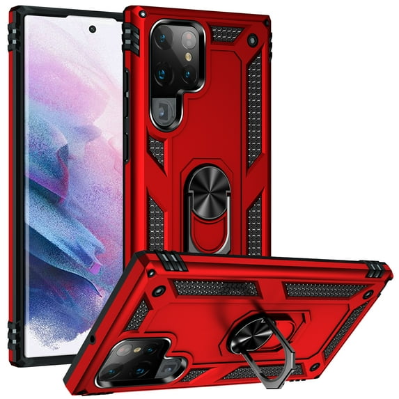 Allytech Rugged Case for Samsung Galaxy S22 Ultra, Military Grade Protection Shockproof Cover with Metal Rotatable Ring Stand, Magnetic Car Mount Holder Case for Samsung Galaxy S22 Ultra - Red