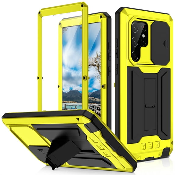 Allytech Rugged Case for Samsung Galaxy S22 Ultra with Screen Protector & Camera Lens Sliding Cover, Anti-Drop Dustproof Hidden Kickstand Heavy Duty Triple-Layer Protection Shell, Yellow