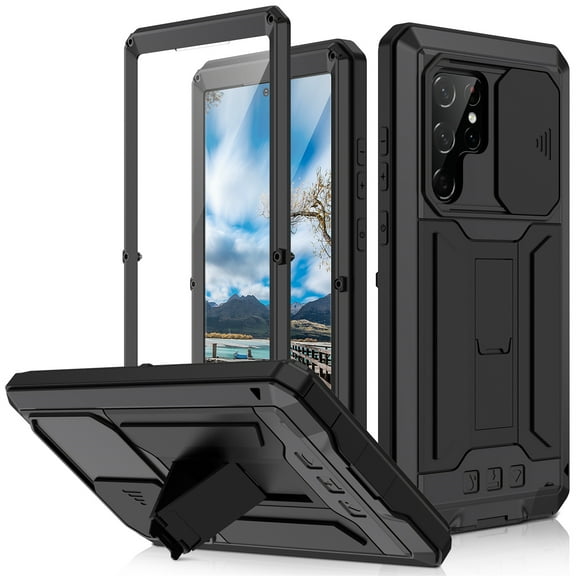 Allytech Rugged Case for Samsung Galaxy S22 Ultra with Screen Protector & Camera Lens Sliding Cover, Anti-Drop Dustproof Hidden Kickstand Heavy Duty Triple-Layer Protection Shell, Black
