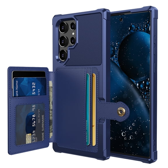 Allytech Rugged Case for Samsung Galaxy S22 Ultra Support Magnetic Car Mount, Premium PU Leather Flip Card Cash Holder Pocket Shockproof Anti-Fall Back Case for Samsung Galaxy S22 Ultra - Darkblue