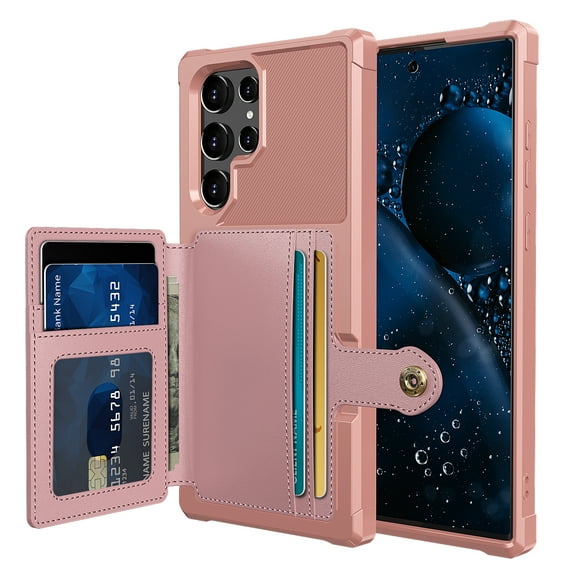 Allytech Rugged Case for Samsung Galaxy S22 Ultra Support Magnetic Car Mount, Premium PU Leather Flip Card Cash Holder Pocket Shockproof Anti-Fall Back Case for Samsung Galaxy S22 Ultra - Rosegold