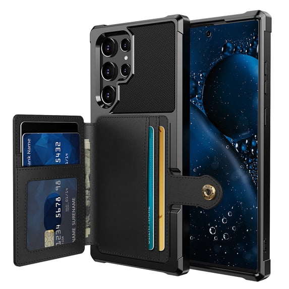 Allytech Rugged Case for Samsung Galaxy S22 Ultra Support Magnetic Car Mount, Premium PU Leather Flip Card Cash Holder Pocket Shockproof Anti-Fall Back Case for Samsung Galaxy S22 Ultra - Black