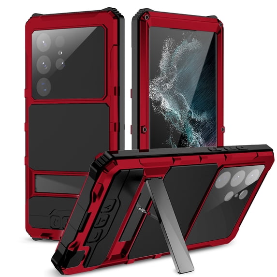Allytech Rugged Case for Samsung Galaxy S23 Ultra, Luxury Hybrid Heavy Duty Protective Case with Hidden Stand & Screen Protector, Wireless Charging Shockproof Anti-Fall Metal Frame Case, Red