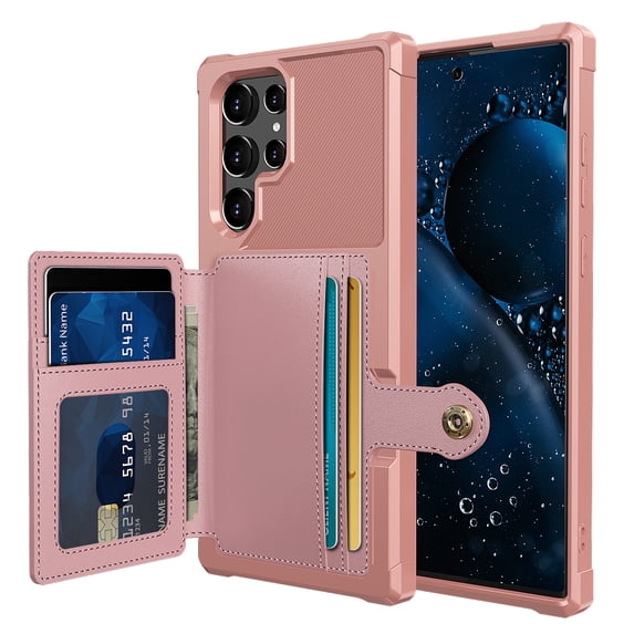 Allytech Rugged Case for Samsung Galaxy S23 Ultra Support Magnetic Car Mount, Premium PU Leather Flip Card Cash Holder Pocket Shockproof Anti-Fall Back Case for Samsung Galaxy S23 Ultra - Rosegold