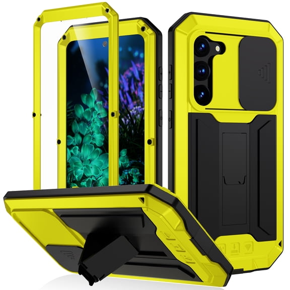 Allytech Rugged Case for Samsung Galaxy S24 Plus with Screen Protector & Camera Lens Sliding Cover, Anti-Drop Dustproof Hidden Kickstand Heavy Duty Triple-Layer Protection Shell, Yellow