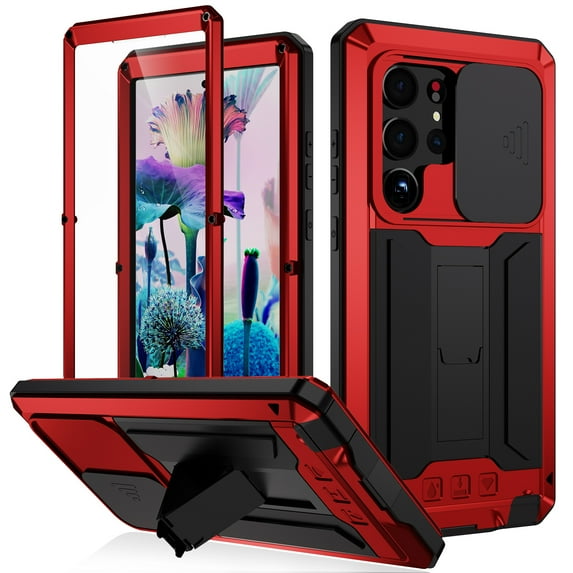 Allytech Rugged Case for Samsung Galaxy S24 Ultra with Screen Protector & Camera Lens Sliding Cover, Anti-Drop Dustproof Hidden Kickstand Heavy Duty Triple-Layer Protection Shell, Red