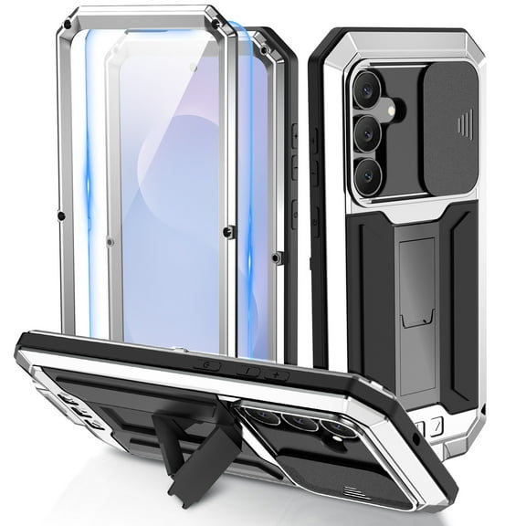 Allytech Rugged Case for Samsung Galaxy S25 FE with Screen Protector & Camera Lens Sliding Cover, Anti-Drop Dustproof Hidden Kickstand Heavy Duty Triple-Layer Protection Shell, Silver