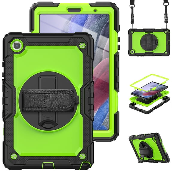 Allytech Rugged Case for Samsung Galaxy Tab A7 Lite 8.7" 2021 Model SM-T220 T225, Build In Screen Protector Hybrid PC 360 Rotating Stand Shockproof Shoulder Strap Lanyard Bumper Case Kids Friendly