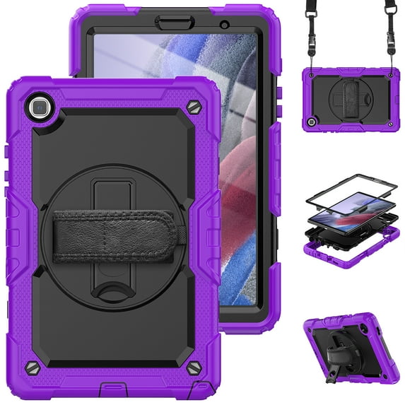 Allytech Rugged Case for Samsung Galaxy Tab A7 Lite 8.7" 2021 Model SM-T220 T225, Build In Screen Protector Hybrid PC 360 Rotating Stand Shockproof Shoulder Strap Lanyard Bumper Case Kids Friendly