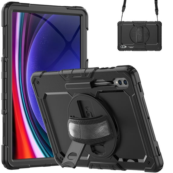 Allytech Rugged Case for Samsung Galaxy Tab S9 Ultra 14.6 Inch SM-X910 X916B, With Build in Screen Protector 360 Rotating Stand Shockproof Shoulder Strap - Black
