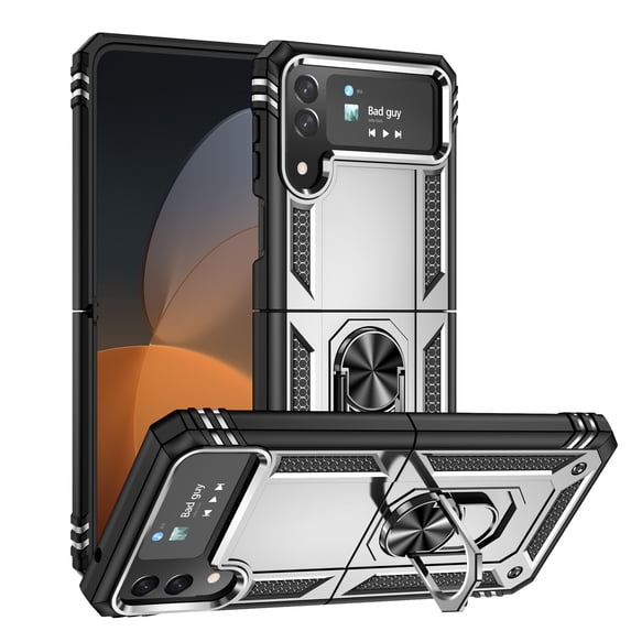 Allytech Rugged Case for Samsung Galaxy Z Flip4, Military Grade Protection Shockproof Cover with Metal Rotatable Ring Stand, Magnetic Car Mount Holder Case for Samsung Galaxy Z Flip4 - Silver