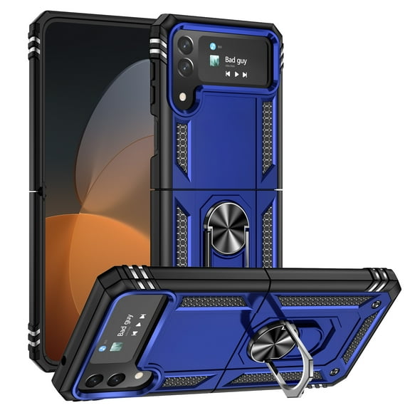 Allytech Rugged Case for Samsung Galaxy Z Flip4, Military Grade Protection Shockproof Cover with Metal Rotatable Ring Stand, Magnetic Car Mount Holder Case for Samsung Galaxy Z Flip4 - Blue