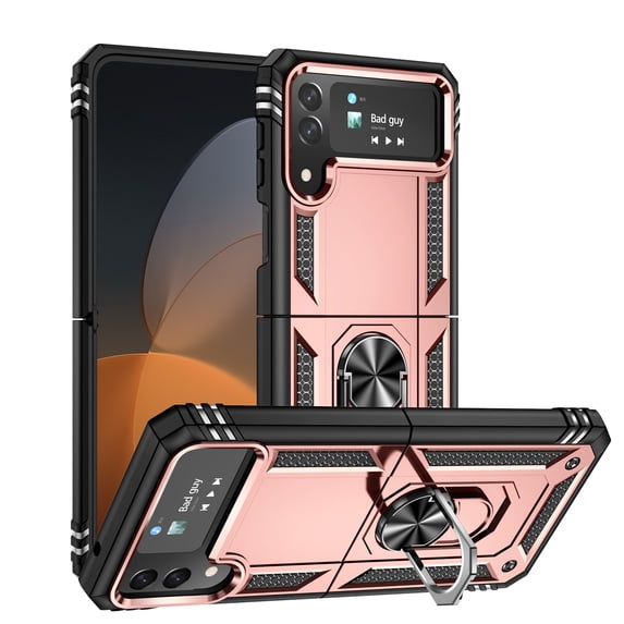 Allytech Rugged Case for Samsung Galaxy Z Flip4, Military Grade Protection Shockproof Cover with Metal Rotatable Ring Stand, Magnetic Car Mount Holder Case for Samsung Galaxy Z Flip4 - Rosegold