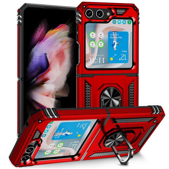 Allytech Rugged Case for Samsung Galaxy Z Flip5, Military Grade Protection Shockproof Cover with Metal Rotatable Ring Stand, Magnetic Car Mount Holder Case for Samsung Galaxy Z Flip5 - Red