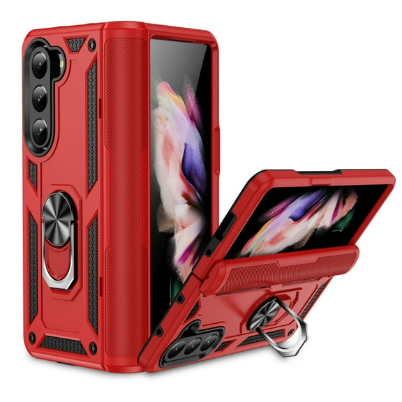 Allytech Rugged Case for Samsung Galaxy Z Fold 7, Military Grade Protection Shockproof Cover with Metal Rotatable Ring Stand, Magnetic Car Mount Holder Case for Samsung Galaxy Z Fold 7, Red
