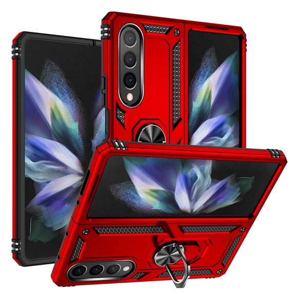 Allytech Rugged Case for Samsung Galaxy Z Fold3, Military Grade Protection Shockproof Cover with Metal Rotatable Ring Stand, Magnetic Car Mount Holder Case for Samsung Galaxy Z Fold3 - Red