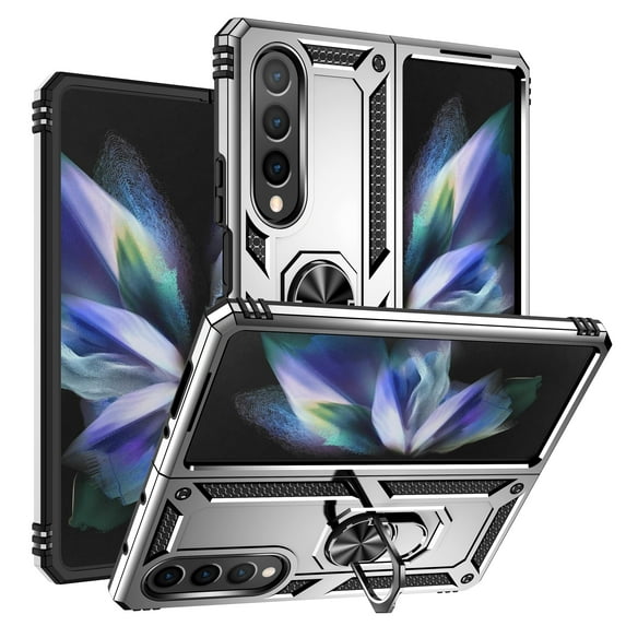 Allytech Rugged Case for Samsung Galaxy Z Fold3, Military Grade Protection Shockproof Cover with Metal Rotatable Ring Stand, Magnetic Car Mount Holder Case for Samsung Galaxy Z Fold3 - Silver