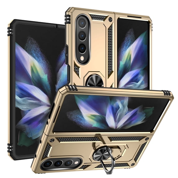 Allytech Rugged Case for Samsung Galaxy Z Fold3, Military Grade Protection Shockproof Cover with Metal Rotatable Ring Stand, Magnetic Car Mount Holder Case for Samsung Galaxy Z Fold3 - Gold
